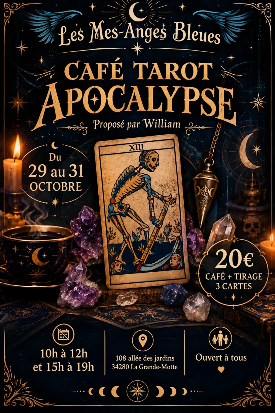 Affiche du Café Tarot Apocalypse proposé par William aux Mes-Anges Bleues, du 29 au 31 octobre, 20 € café et tirage de 3 cartes