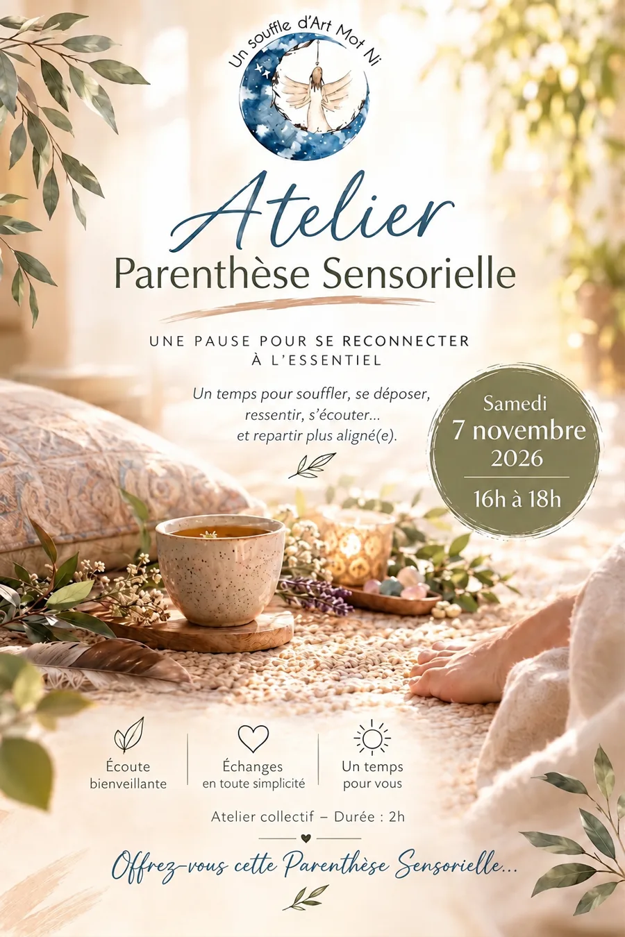 Affiche de l’atelier Parenthèse Sensorielle, Un souffle d’Art Mot Ni, samedi 7 novembre 2026 de 16 h à 18 h